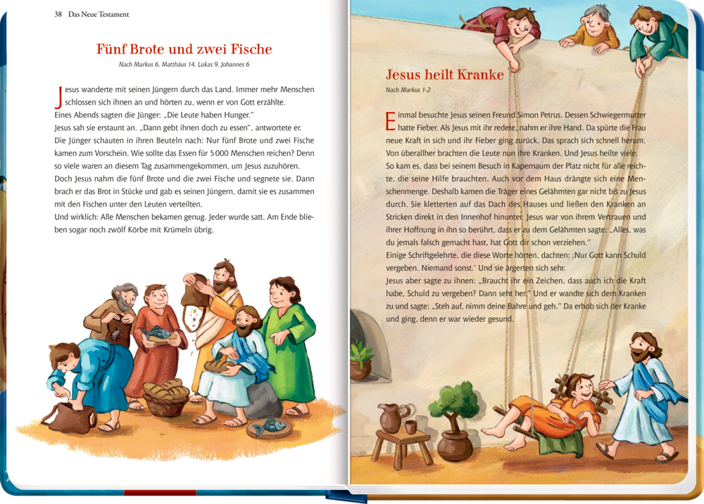 Bibelseiten mit Text für Kinder mit farbenfrohen Illustrationen von Jesus, der Wunder vollbringt und Menschen hilft.