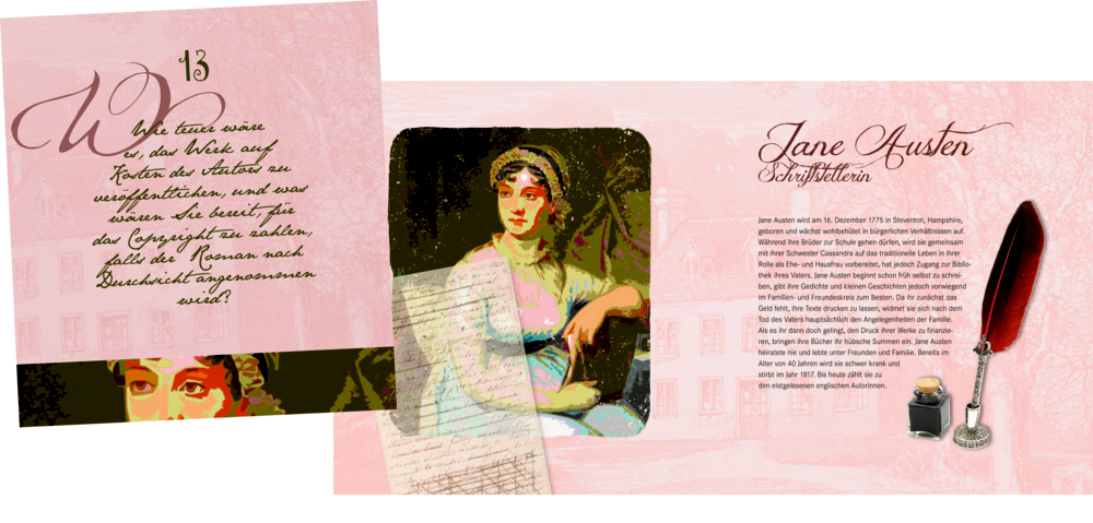Rosa Collage mit Jane Austen-Porträt, handschriftlichem Text sowie Feder und Tintenfass.