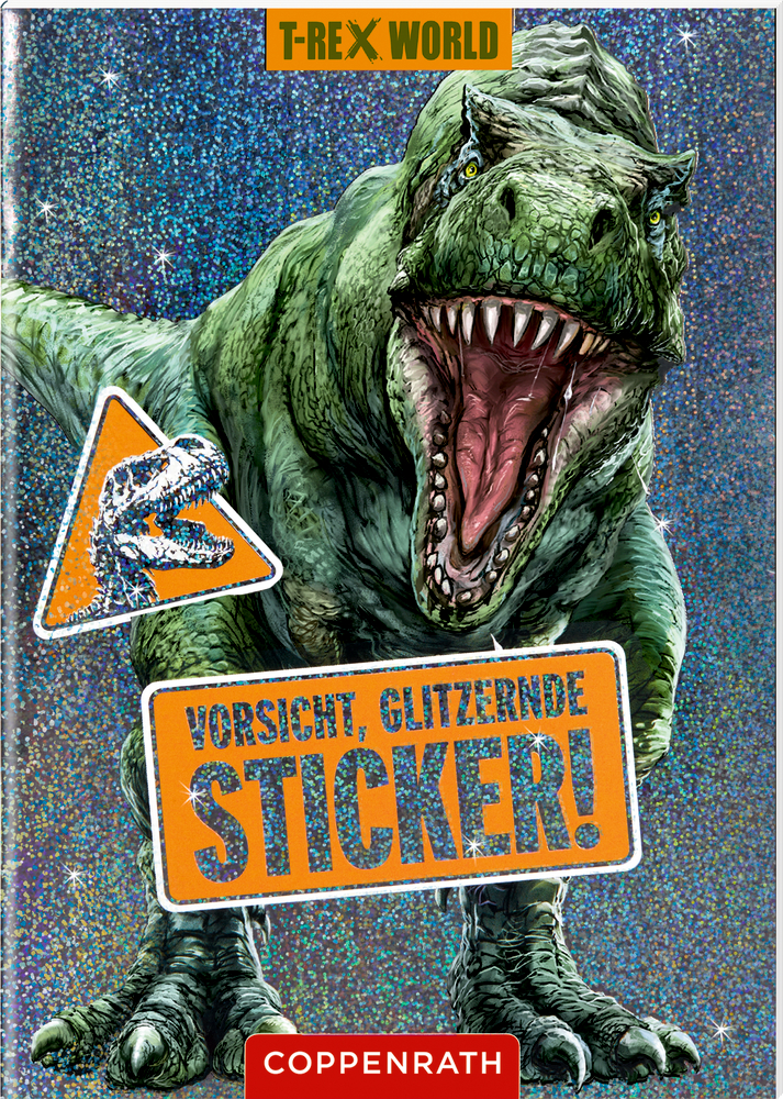 Ein brüllender T-Rex auf glitzerndem Hintergrund, der vor glitzernden Aufklebern warnt.