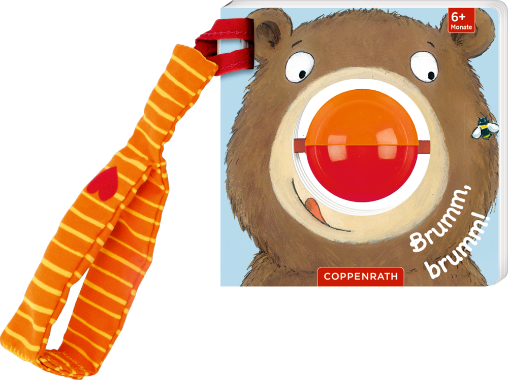 Babybuch mit Bärenkopf, rotem Dreh-Element und angenähtem orange gestreiftem Stoffgriff.