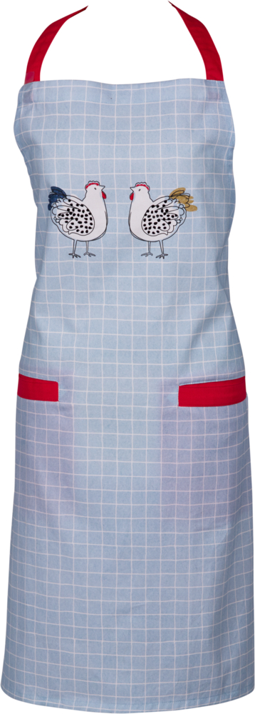 Blau karierte Schürze mit roten Riemen, roten Taschen und zwei Hühnern auf der Brust.