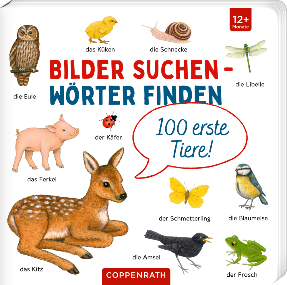Bilder suchen - Wörter finden: 100 erste Tiere! Kinderbuchcover mit illustrierten Tieren und Namen mit dem Titel „Bilder Suchen – Wörter Finden“.
