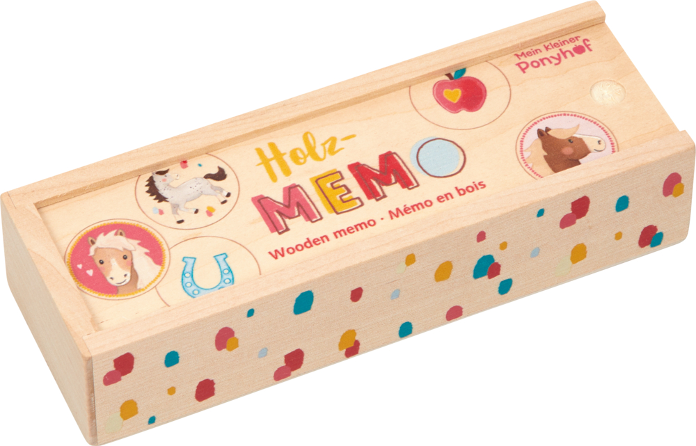 Rechteckige Holzbox mit Pferde- und Pony-Illustrationen, beschriftet mit „Holz-Memo“ und „Wooden Memo“.
