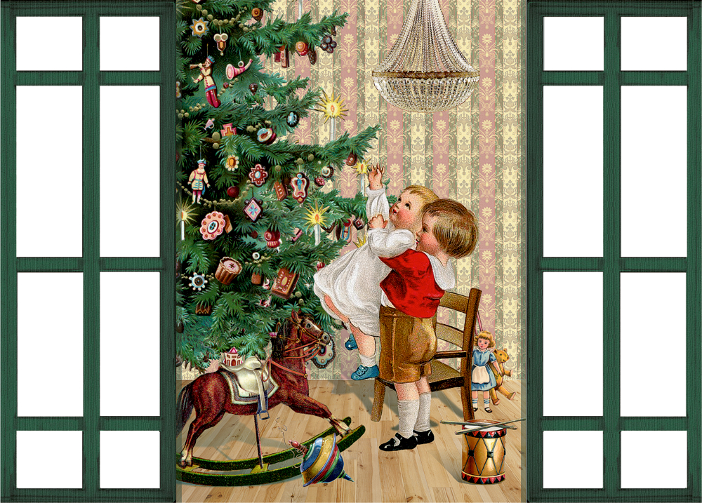 Zwei Kinder schmücken gemeinsam einen Weihnachtsbaum am Fenster, eines hebt das andere hoch.
