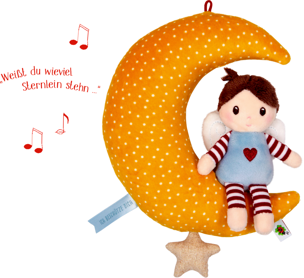 Stoffpüppchen sitzt auf einer Stoffmondsichel, danaben Noten und der Text "Weißt Du, wie die Sternlein stehen".