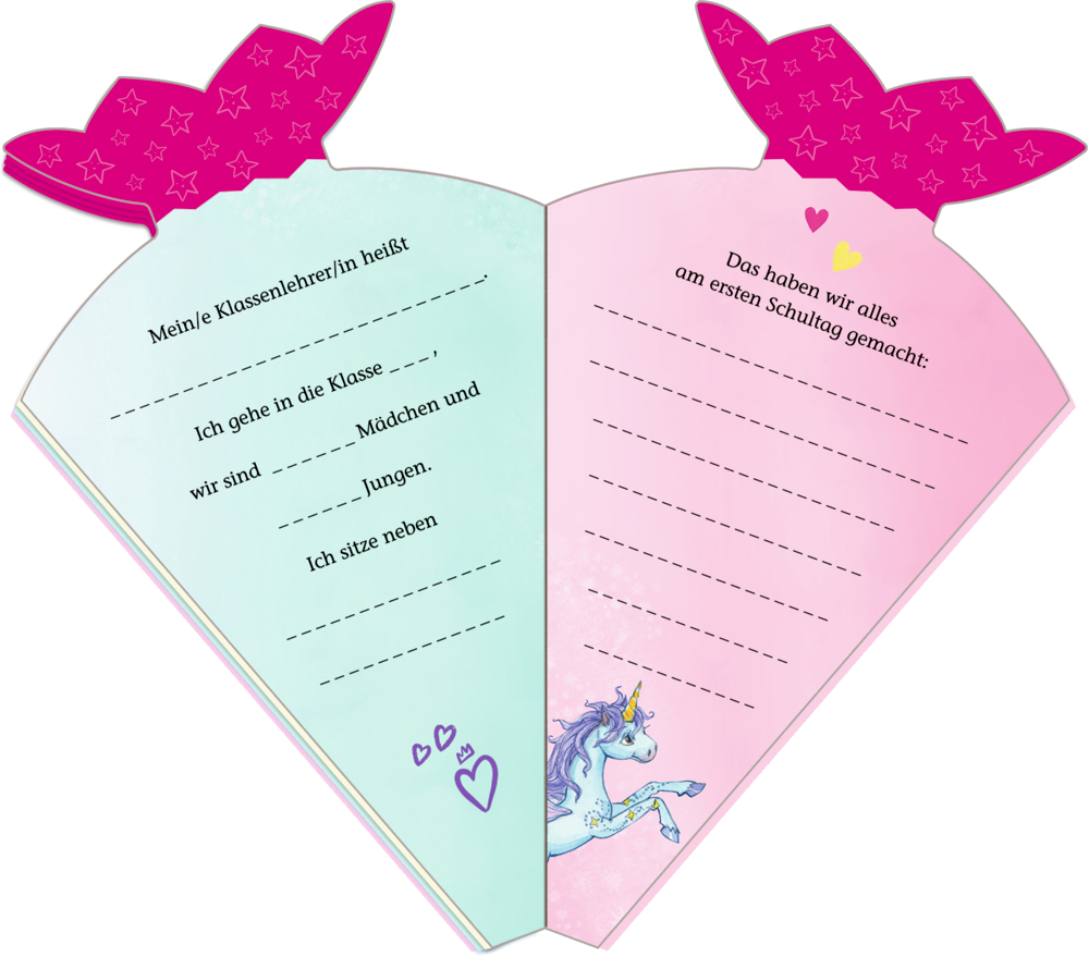 Geöffnetes Notizbuch in Schultütenform mit Text, Sternen und Einhornzeichnung auf pastellfarbenen Seiten.