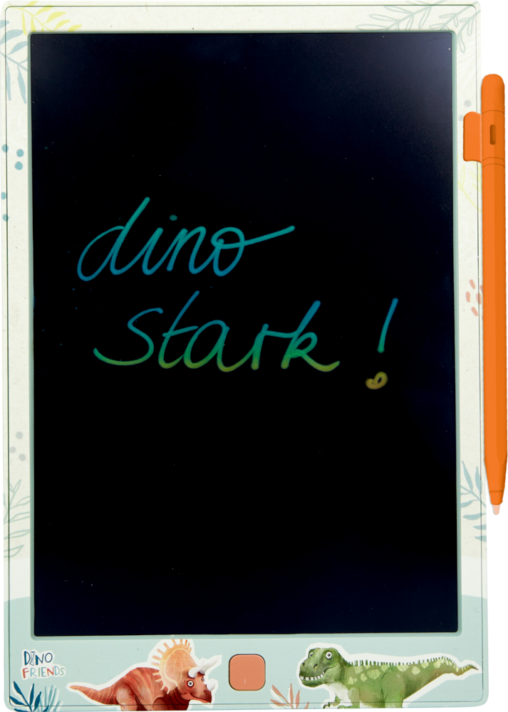 Elektronisches Schreibtablet mit „dino stark!“ und Cartoon-Dinosauriern am unteren Rand.
