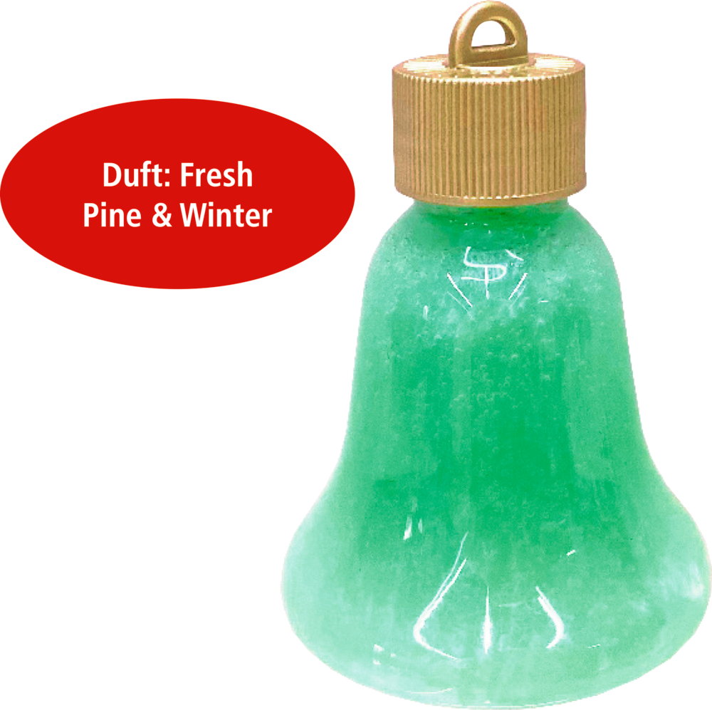 Grünes Duschgel in glockenförmiger Verpackung mit goldenem Verschluss zum Aufhängen, mit dem Hinweis „Duft: Fresh Pine & Winter“ in einem roten Oval.