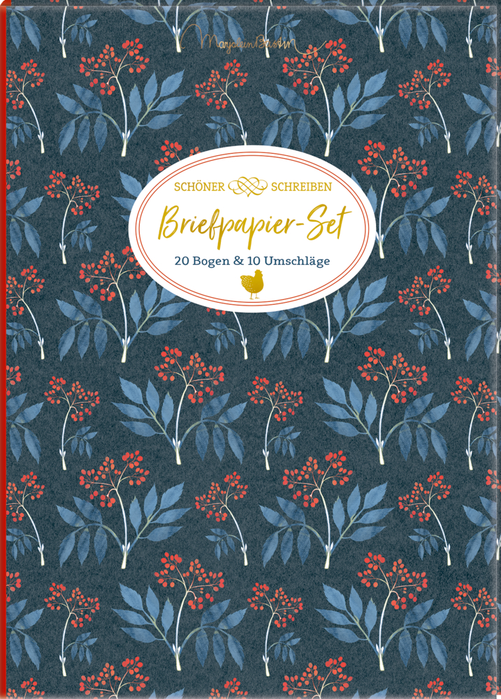 Dunkler Umschlag für Briefpapier mit Blumenmuster, dem Schriftzug Briefpapier-Set, roten Beeren und blauen Zweigen.