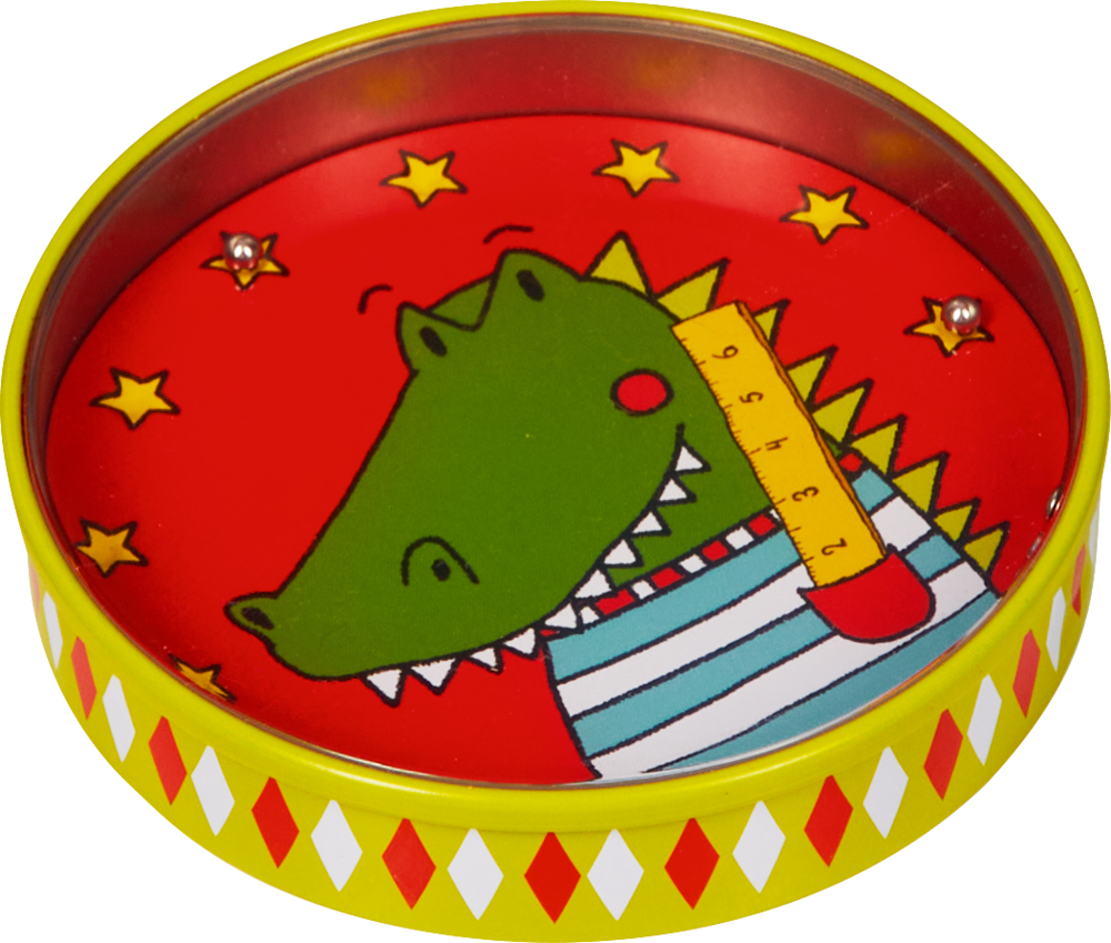 Runde Dose mit einem grünen Krokodil. Neben dem Tier kleine silberne Kugeln und Aussparungen für Kugeln.