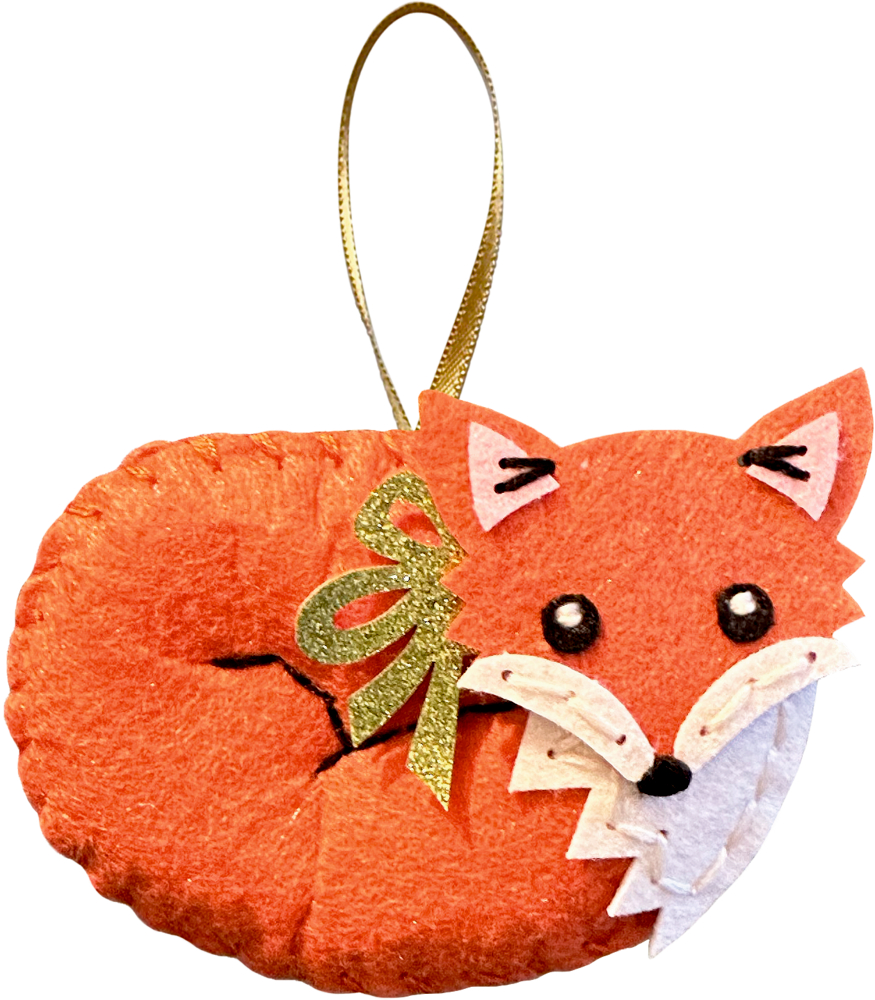 Orangefarbener Fuchs-Anhänger aus Filz mit schwarzen Augen, weiÃŸer Schnauze und goldener AufhÃ¤ngeschlaufe.