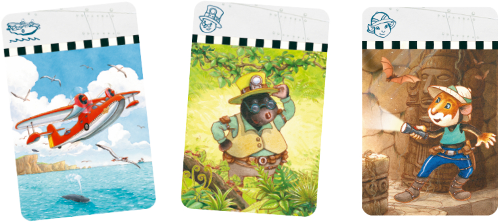 Drei Karten mit verschiedenen Motiven: Rotes Wasserflugzeug, Maulwurf als Entdecker im Dschungel, Hamster mit Lampe in Ruinen.
