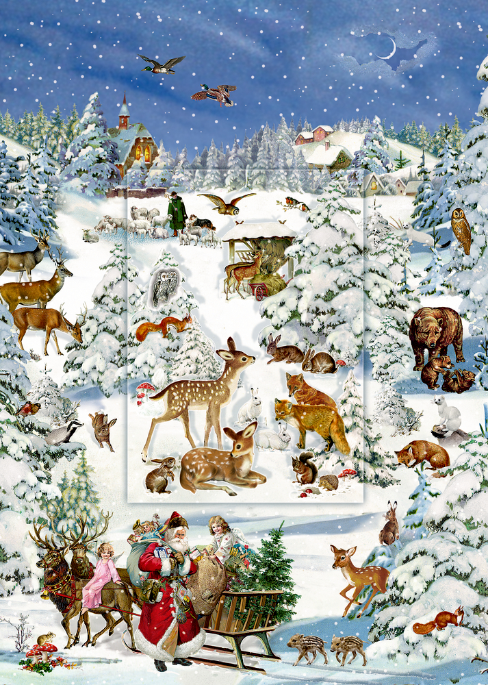 Tiere in Schneelandschaft, Wand-Adventskalender A4 mit 3D (Behr)