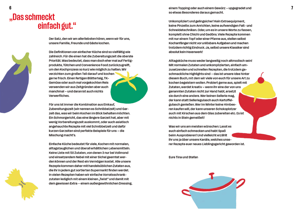 Bunte Zeichnungen von Gemüse, Dessert und einem Topf schmücken zwei Seiten mit Text zum Thema Essen.
