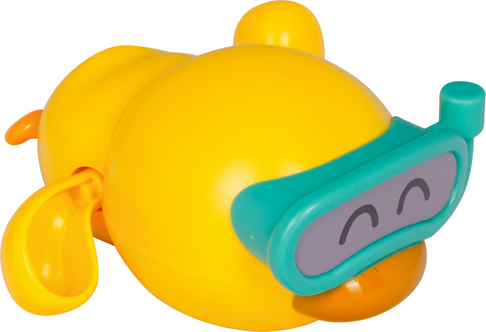 Gelbe Gummiente trägt türkise Schwimmbrille und lächelt.