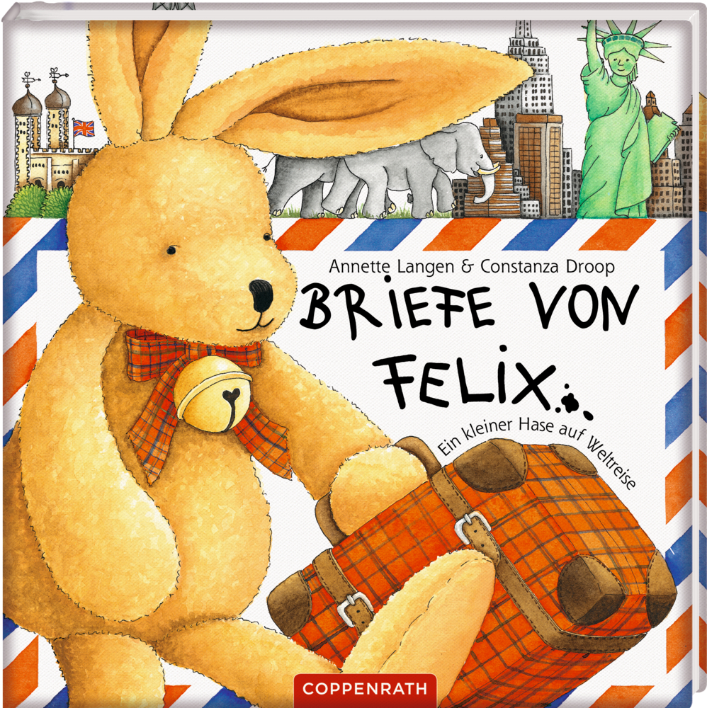 Briefe von Felix Illustriertes Kaninchen mit Koffer und Glockenhalsband, umgeben von Sehenswürdigkeiten und dem Text „Briefe von Felix“.