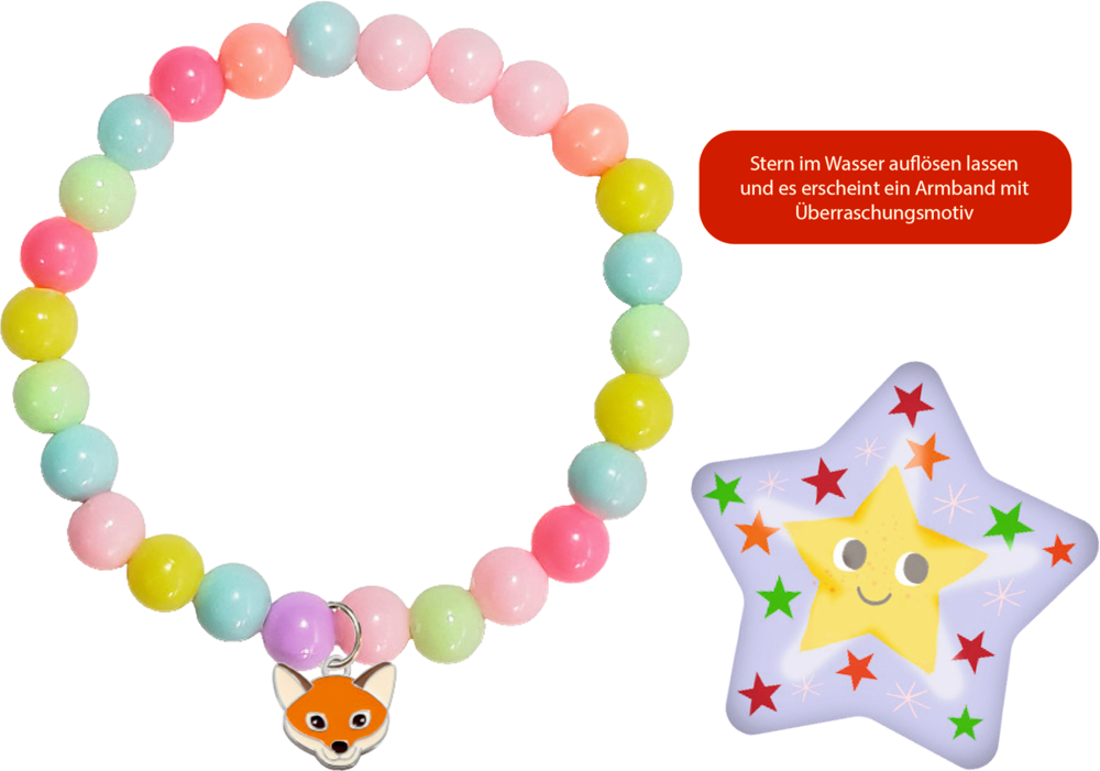 Buntes Perlenarmband mit Fuchsanhänger, daneben lilafarbener Stern mit bunten Sternmotiven und gelbem Gesicht in der Mitte. Rotes Textfeld "Stern im Wasser auflösen lassen und es erscheint ein Armband".