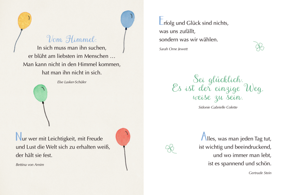 Zitate bekannter Autorinnen in verschiedenfarbiger Schrift mit kleinen gezeichneten Luftballons und Kleeblättern auf hellem Hintergrund.