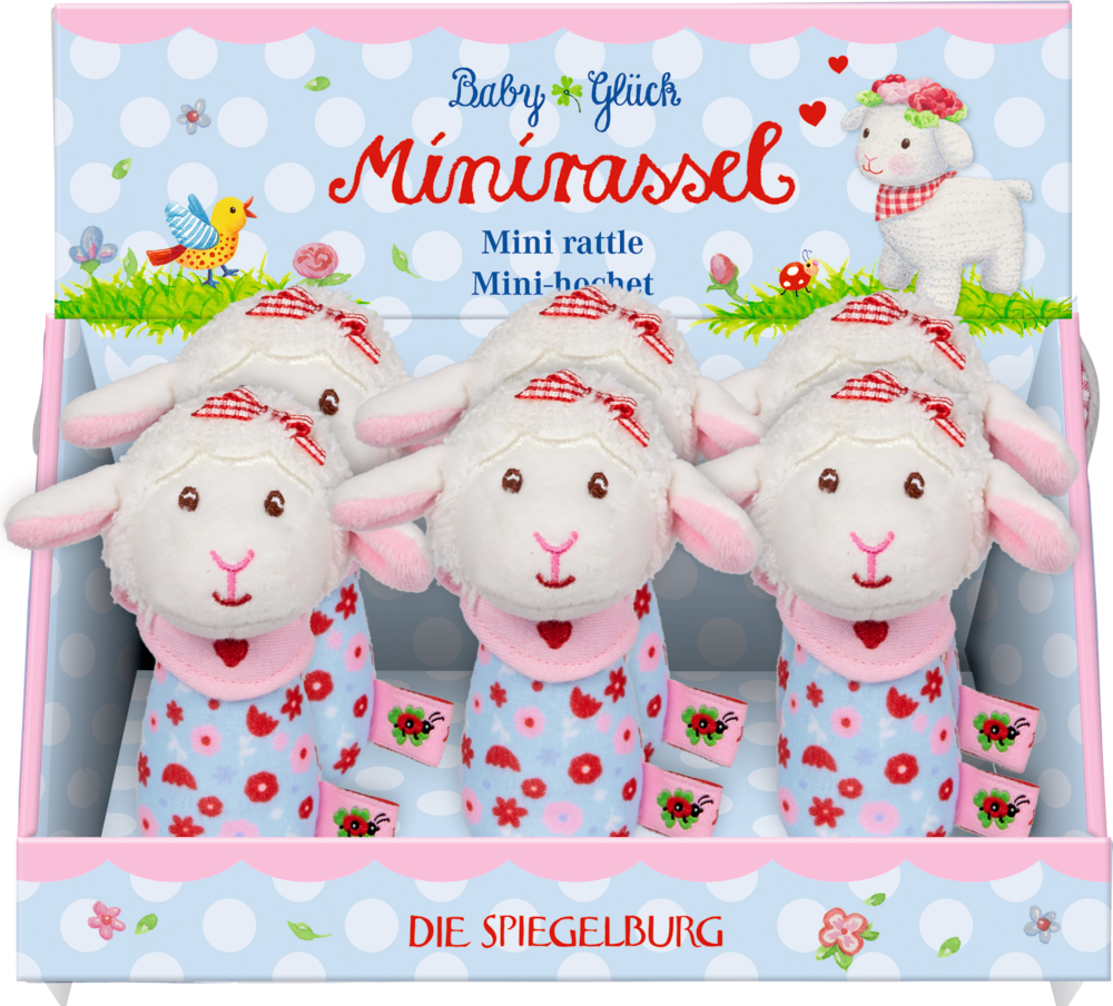Schaukarton mit Plüsch-Minirasseln in Lammform mit rosa, blauen und roten Blumenmustern, beschriftet mit „Minirassel“.