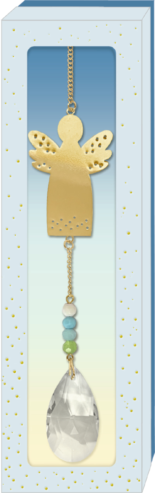 Engel-Kristall-Dekohänger - Schutz und Segen für dich! Goldenes Engel-Ornament mit Perlenkette und klarem Kristalltropfen in einer blauen Schachtel mit goldenen Sprenkeln.