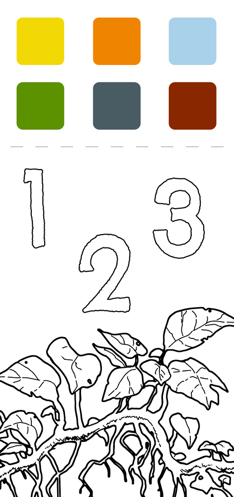 Sechs farbige Quadrate, Ziffern 1 bis 3, umrandete Blätter und Wurzeln zum Ausmalen.