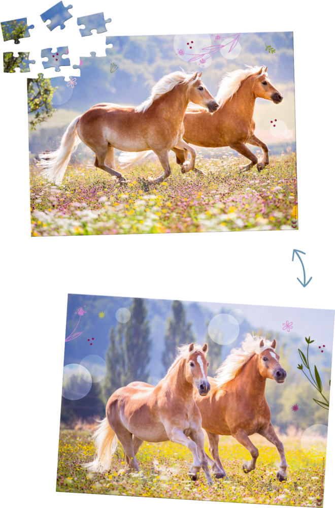 Zwei verschiedene Pferdebilder und herausgelöste Puzzleteile veranschaulichen den Motivwechsel bei Bewegung des Puzzles.