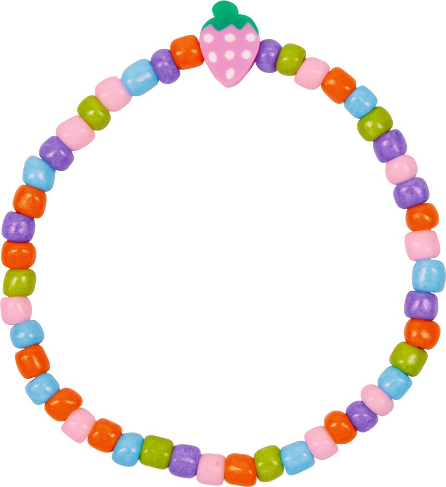 Buntes Perlenarmband mit einem rosa Erdbeeranhänger, kreisförmig angeordnet.