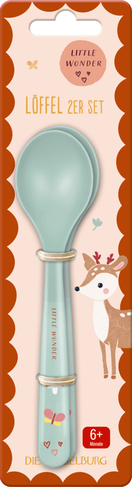 Löffel 2er-Set Fuchs & Reh - Little Wonder Zwei mintgrüne Babylöffel in einer Verpackung mit Hirsch und dem Text „Little Wonder“, für Kinder ab 6 Monaten.