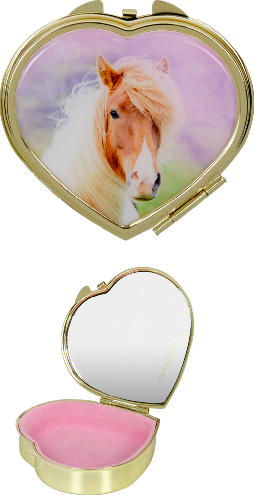 Herzförmiges Metalldöschen mit Pferdebild auf dem Deckel und rosa Innenfläche.