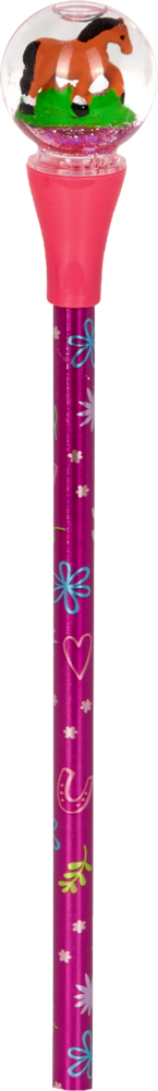 Rosa Bleistift mit Herz- und Wirbelmuster, gekrönt von einer durchsichtigen Kugel mit einer kleinen braunen Pferdefigur.