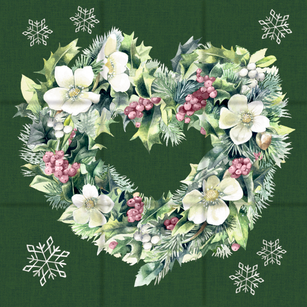 Herzförmiger Kranz aus grünen Blättern und Zweigen, weißen Blüten und roten Beeren auf dunkelgrünem Hintergrund mit weißen Schneeflockenmuster.