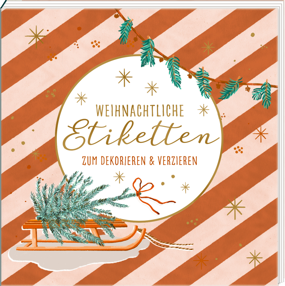 Diagonal gestreiftes Cover der weihnachtlichen Etiketten mit Tannenzweigen, Schlitten.