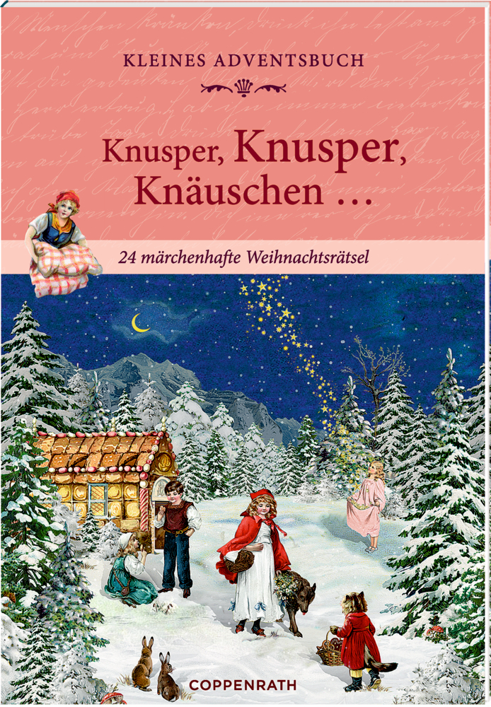 Buchcover mit nostalgischer Gestaltung von HÃ¤nsel und Gretel bei einem Lebkuchenhaus in einem verschneiten Wald.