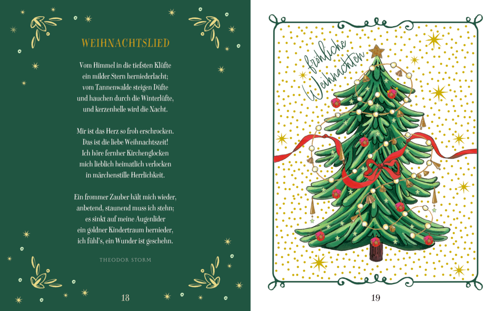 Illustrierter Weihnachtsbaum mit roten Kugeln, goldener Girlande, rotem Band und Stern auf der Spitze, umgeben von goldenen Punkten.