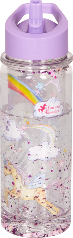 Glitzer-Trinkflasche (ca.0,3 l) - Einhorn-Paradies Transparente Wasserflasche mit violettem Deckel, mit Einhorn-, Regenbogen- und Sternmotiven, mit Wasser gefüllt.
