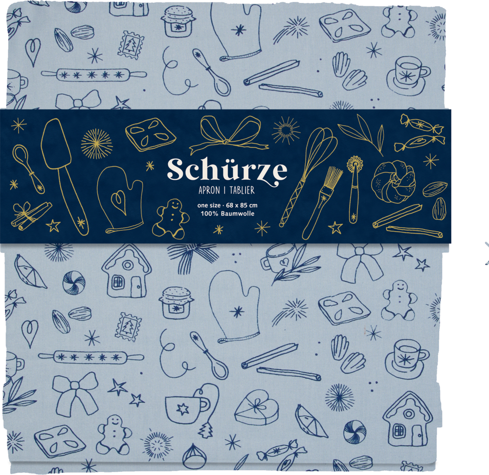 Gefaltete hellblaue Schürze mit dunkelblauen Backillustrationen in Strichzeichnung und einer dunkelblauen Bandarole mit goldenen Utensiliengrafiken.