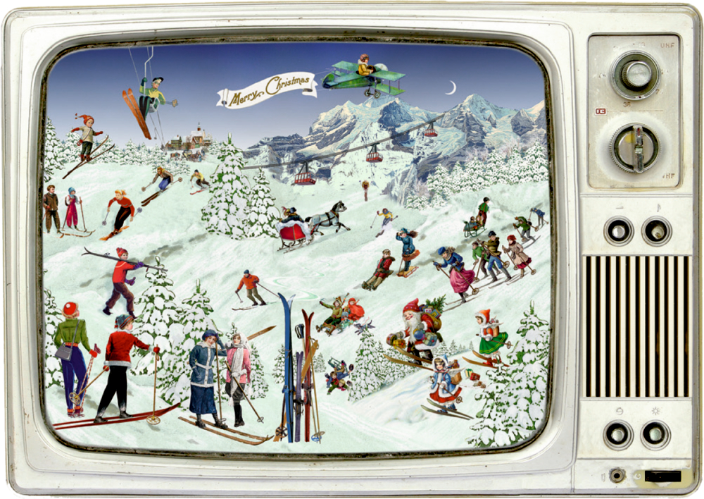 Vintage-Fernseher zeigt eine belebte Winter-Szenerie mit Skifahrern und spielenden Menschen im Schnee an einem Berghang.