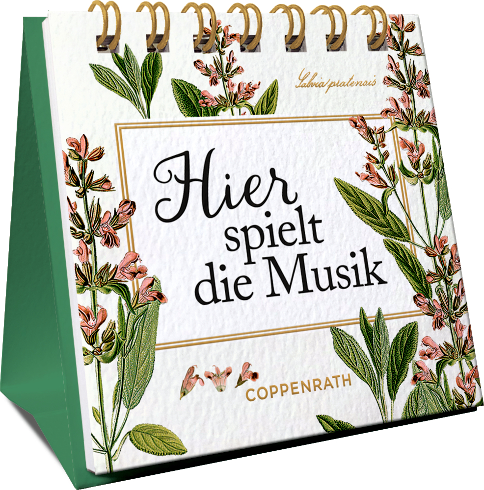 Mini-Spiralaufsteller: Hier spielt die Musik (AUGUSTINA) Floraler Spiralaufsteller frontal Ansicht mit Text „Hier spielt die Musik“ und botanischen Illustrationen.