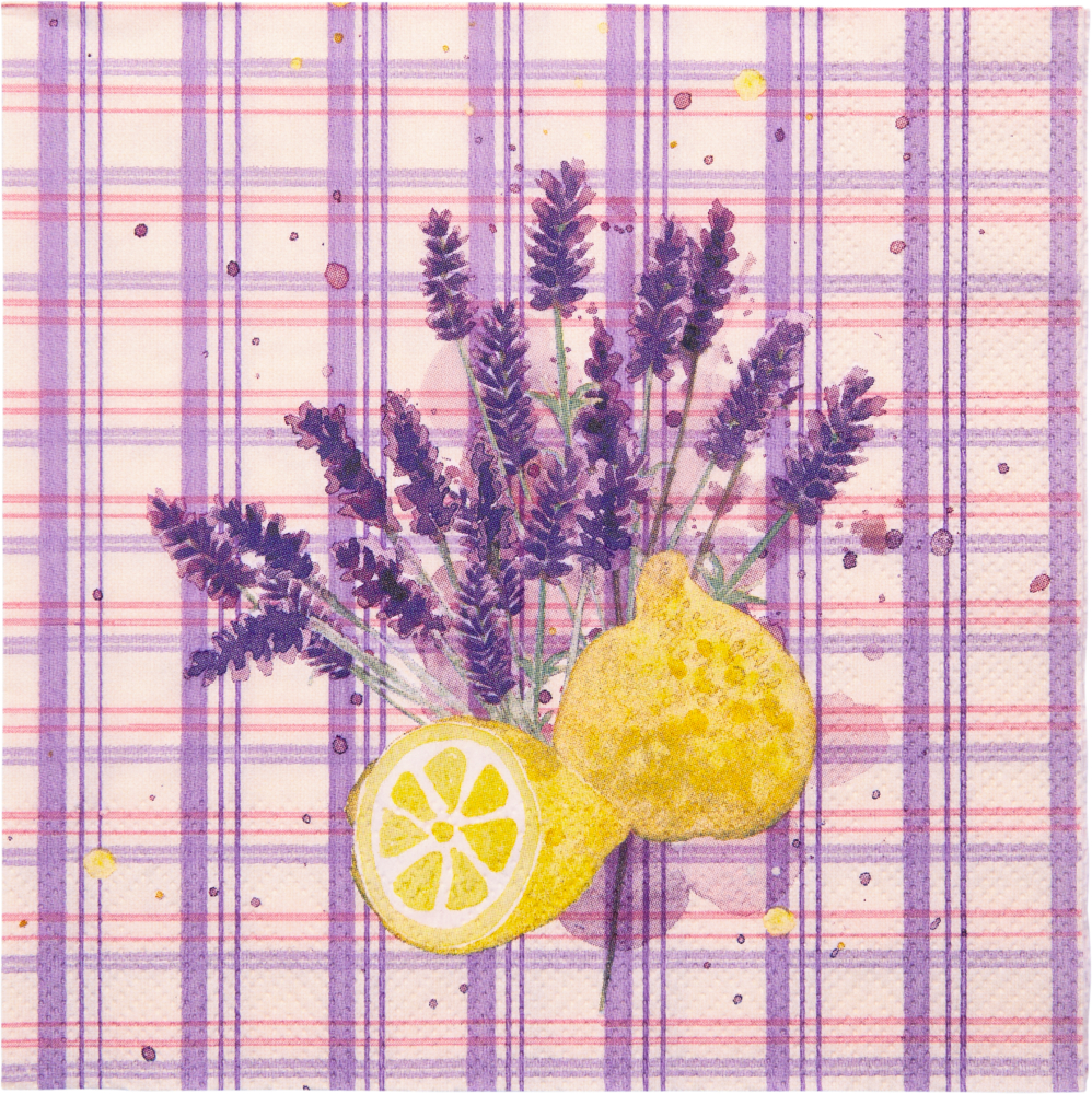 Zitronen und Lavendel auf lila kariertem Hintergrund mit Aquarellspritzern.