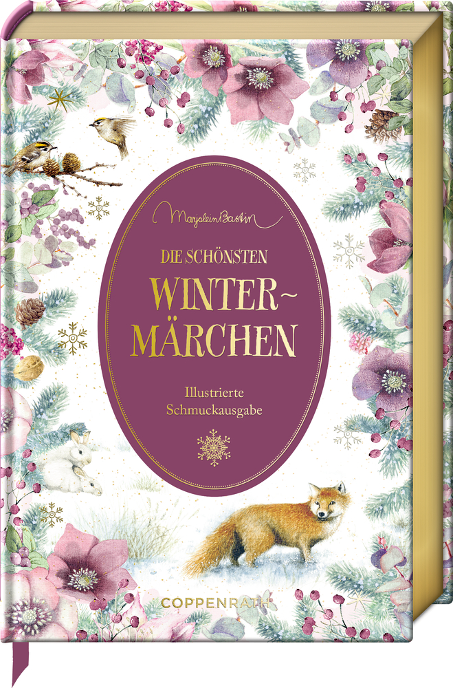 Buch „Die schönsten Wintermärchen“ mit floraler Umrandung, Fuchs, zwei Vögeln und zwei Hasen auf winterlichem Hintergrund.