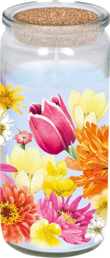 Ein Glas mit hellblauer Kerze und Korkdeckel. Auf dem Glas sind bunte, illustrierte Blumen.