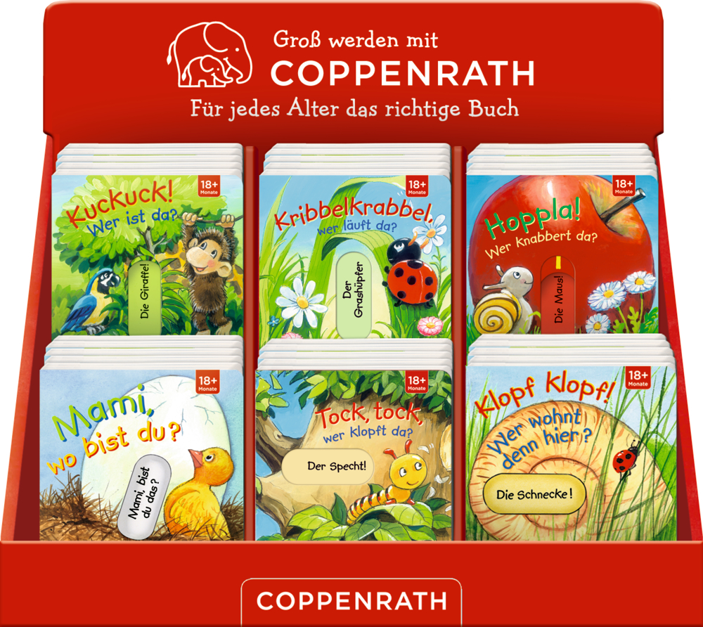Sechs farbenfrohe Kinderbücher mit Tierillustrationen präsentiert in einem roten Coppenrath-Buchständer.