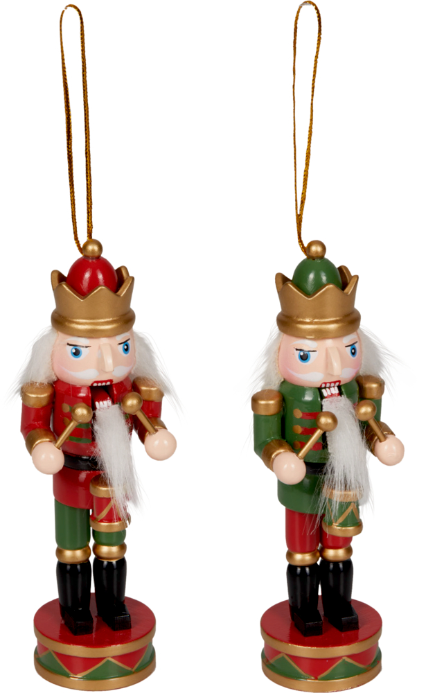 Paar Nussknacker-Ornamente aus Holz mit goldenen Kronen, weißem Haar und goldener Schnur zum Aufhängen.