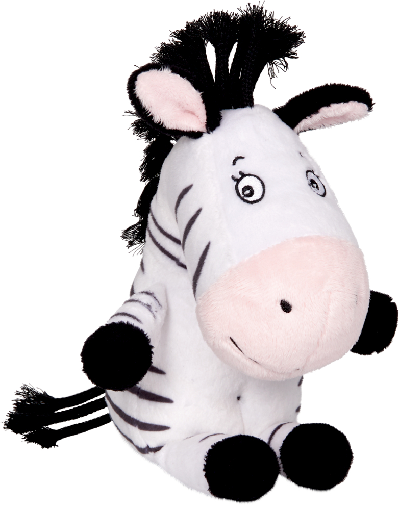 Plüschfigur Zebra Emma Die Lieben Sieben Plüschzebraspielzeug mit schwarzen Streifen, großen Augen und flauschiger Mähne sitzt aufrecht.