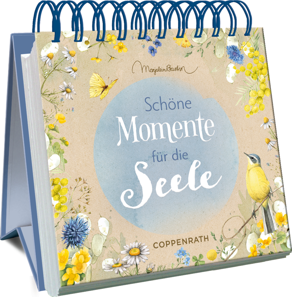 Großes Spiralaufstellbuch: Schöne Momente für die Seele (Bastin) Spiralaufsteller mit dem Titel "Schöne Momente für die Seele" mit Blumenmustern, Schmetterlingen und Vögeln.