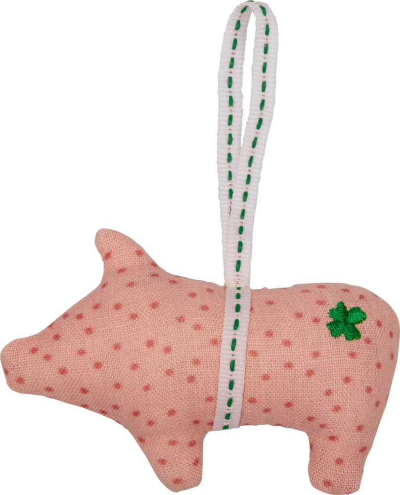 Rosa gepunktetes Stoffschweinchen mit grünem Kleeblatt und weißer Aufhängeschlaufe.