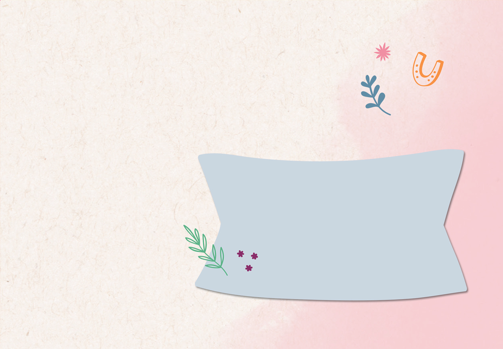 Ein graues, leeres Banner mit Blättern und Blumen auf strukturiertem rosa-beigem Hintergrund.