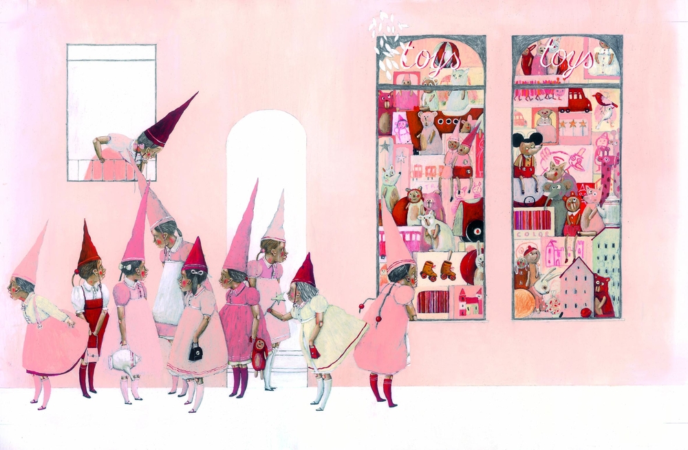 Kinder in pinker Kleidung und Spitzenhüten betrachten Spielzeug hinter Schaufenstern vor pinkem Hintergrund.