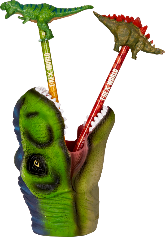 Stifteköcher T-Rex World Zwei Dinosaurierstifte – einer vom Typ T. Rex und einer vom Typ Stegosaurus – in einem Halter mit grünem Dinosaurierkopf.