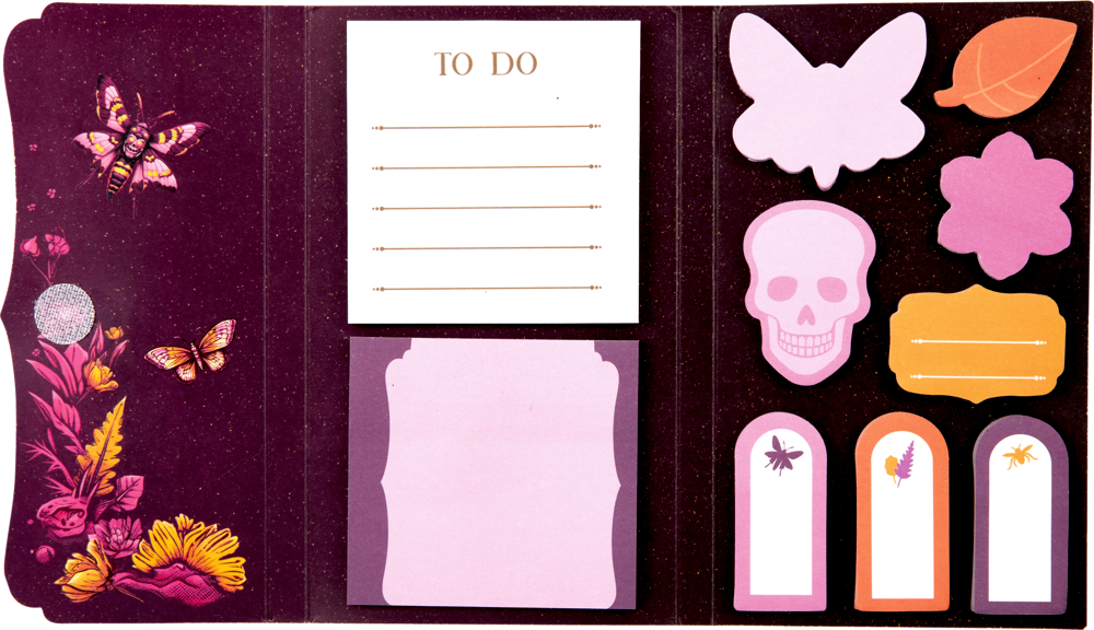 Haftnotizen mit Schmetterling, Totenkopf, Blume und Blatt und To-Do-Liste auf dunklem Hintergrund.
